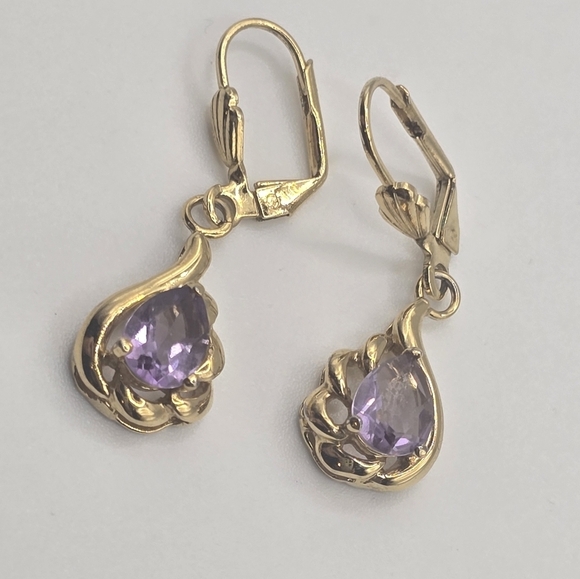 18K Yellow Gold Filled Amethyst Teardrop CZ Hoop Dangle Earrings - Picture 2 of 4